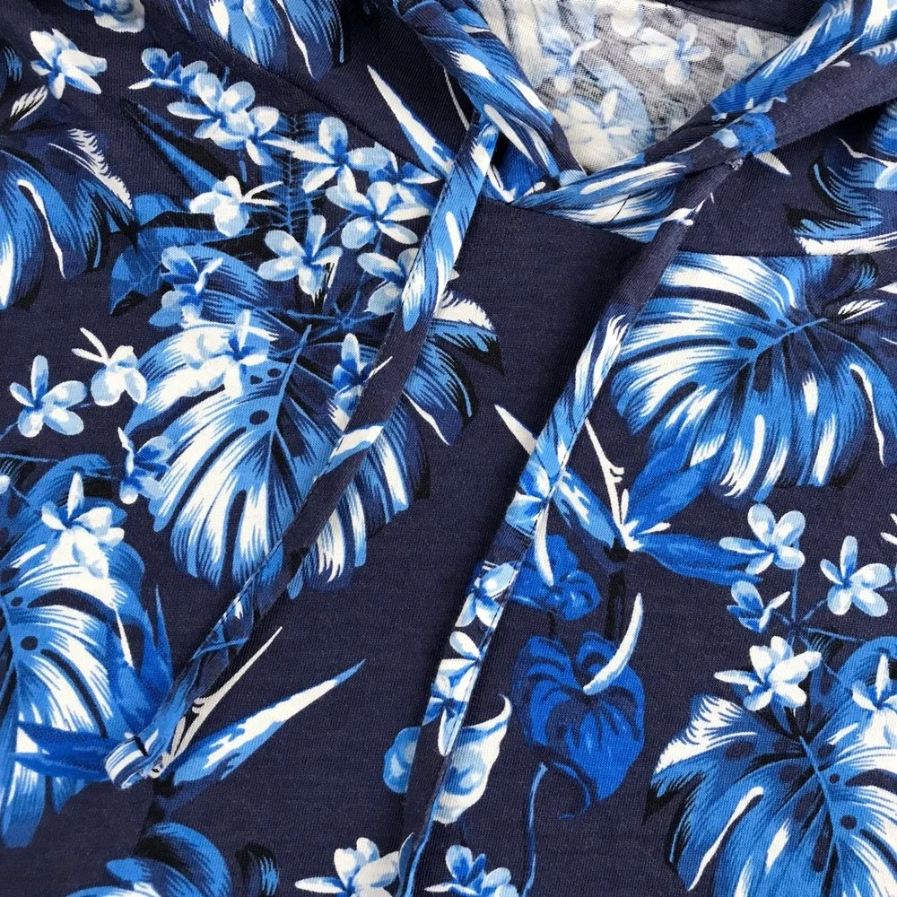 Polo Ralph Lauren Hooded T-Shirt Mens XL Blue Tropical Floral Palm Print Hoodie